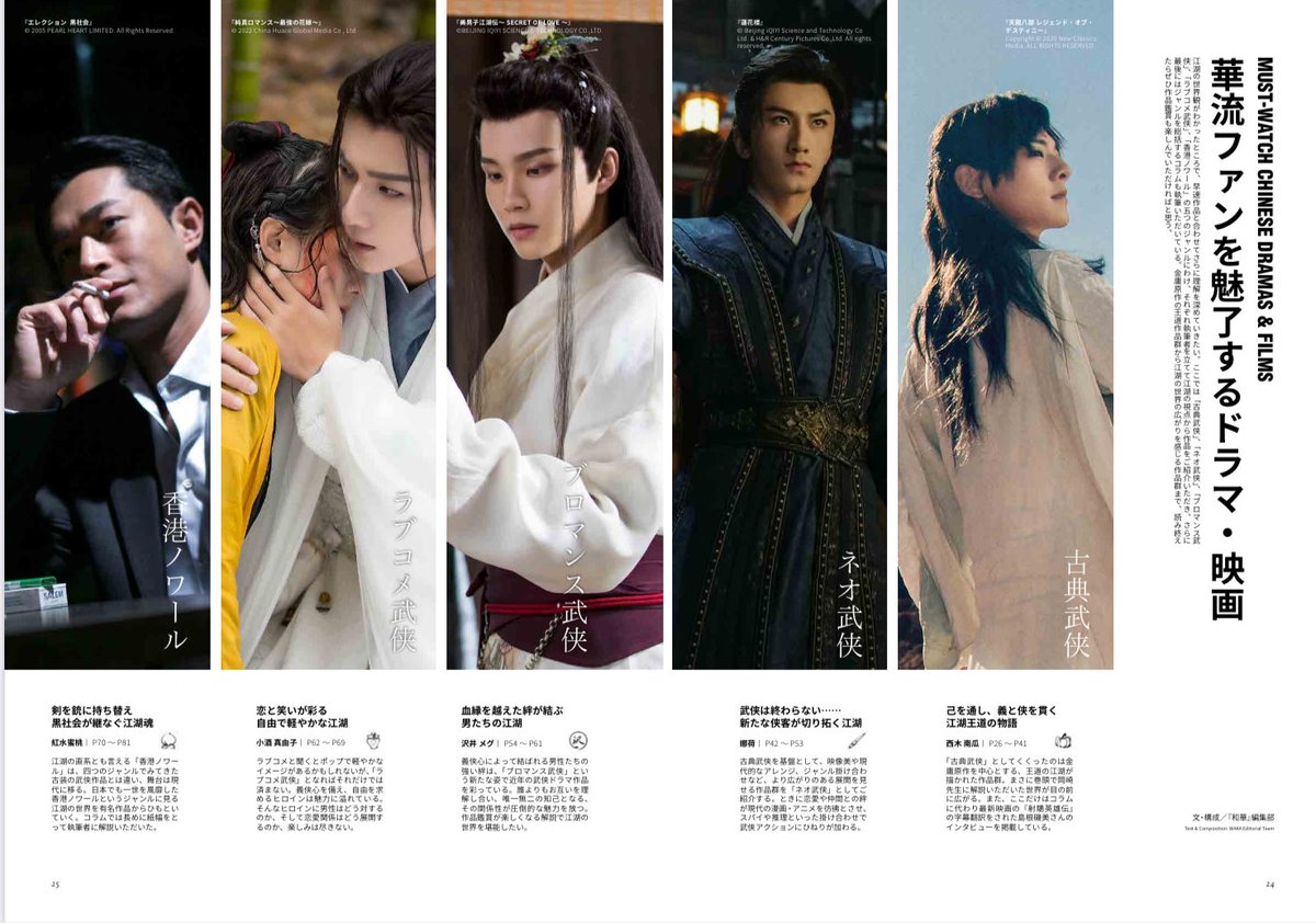 Waka_KaryuClub's tweet photo. 和華51号「#華流でみる武侠」
ジャンル紹介ページ公開✨

🦅古典武侠
⚔ネオ武侠
⛰ブロマンス武侠
💓ラブコメ武侠
🔫香港ノワール

作品の紹介に加え、ジャンルごとに華流深掘りコラムや特別インタビューも掲載しています👀 https://t.co/XPRMU1kvmO