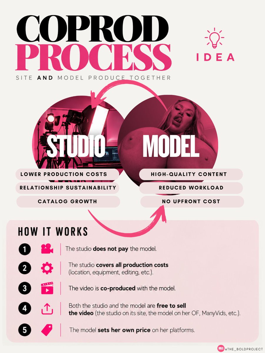 the_boldproject's tweet photo. Hi,
Here’s something I’ve been thinking about, and I’d love to hear your thoughts.

Instead of the traditional system where the studio pays a one-time fee and keeps the content, each side contributes what they do best. The studio handles production, equipment, editing and post-production. The model contributes her time, performance and image. Once the project is finished, both are free to monetize the video on their own platforms.

The model gets professionally produced content with no upfront costs or the workload of producing it alone. The studio gets quality content at a lower cost and builds a more sustainable relationship with models.

These are different skills, and combining them can create something stronger than either side working alone. With AI-generated porn becoming increasingly accessible, this synergy could become even more crucial. Human-made content will need to stand out through its identity, quality and creativity in order to retain its value.