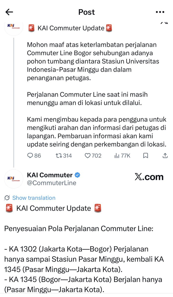 joneshop's tweet photo. ‼️Gangguan Kereta Commuter Line (Bogor-JKT)
POHON TUMBANG DI JALUR UI – PASAR MINGGU

Jalur sedang dalam pembersihan/penanganan petugas.
Silakan untuk selalu mengecek update informasi terbaru dari KAI Commuter.

#KAI
#Commuterline

SC: kerjaanzia &amp; itsme.vavaa https://t.co/eZrsZjvGzz