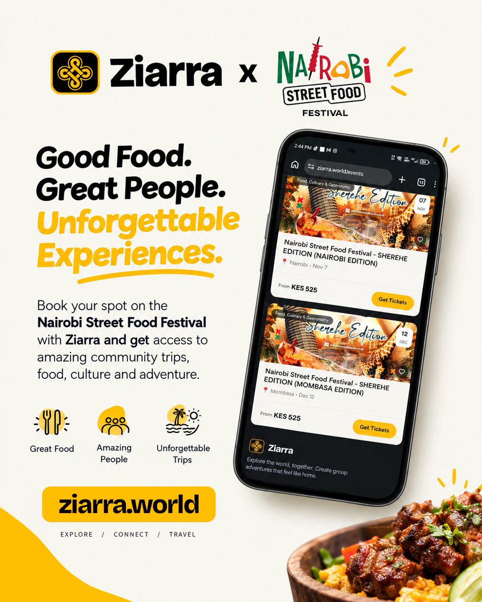 ziarraworld's tweet photo. Good food. Great people. Unforgettable experiences. 🌍🍴✨

The @NSFF_Ke  Street Food Festival is more than just a food event—it’s where flavours, culture, music, adventure, and amazing people come together. 🔥

🎟️ Grab your ticket on Ziarra and turn a day out into an experience worth remembering. Then connect with like-minded travellers and discover your next adventure together.

Your people are out there. Your next experience is waiting.

👉 Book your spot on https://t.co/TDtmNCiPbZ

#Ziarra #NairobiStreetFoodFestival #GoodFoodGreatPeople #ExploreConnectTravel #NairobiEvents #TravelKenya #FoodieKenya #KenyaTravel #UnforgettableExperiences