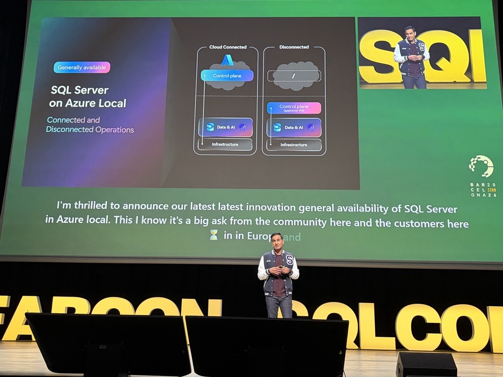 ShireeshThota's tweet photo. @MicrosoftSQL has powered the systems businesses depend on for decades. Today in Barcelona, at #SQLCon and #FabCon Europe, I shared how we are evolving that foundation for the AI era. Across industries, organizations want to bring AI closer to operational data without compromising performance, governance, security, or control. That requirement is shaping our strategy across Microsoft Fabric and SQL.

We are moving from simply monitoring databases to operating them more intelligently. 𝗗𝗮𝘁𝗮𝗯𝗮𝘀𝗲 𝗛𝘂𝗯, now in public preview, brings inventory, health, performance, security, risk, and optimization signals into one view, while new 𝗱𝗮𝘁𝗮𝗯𝗮𝘀𝗲 𝗮𝗴𝗲𝗻𝘁𝘀 for SQL and PostgreSQL help teams understand issues, prioritize actions, and move toward resolution within established guardrails. We are also giving customers more control over where critical workloads run: 𝗦𝗤𝗟 𝗦𝗲𝗿𝘃𝗲𝗿 𝗼𝗻 𝗔𝘇𝘂𝗿𝗲 𝗟𝗼𝗰𝗮𝗹 is now generally available for both connected and disconnected operations.

We are expanding the foundation for applications as well. Azure SQL Database Hyperscale now supports scaling up to 192-vCores and generally available DiskANN vector indexes, giving transactional and AI-powered applications more room to grow without a change in database architecture. 𝗙𝗮𝗯𝗿𝗶𝗰 𝗔𝗽𝗽𝘀 and 𝗥𝗮𝘆𝗳𝗶𝗻 are shortening the path from idea to production, with PostgreSQL support in Rayfin Local, Fabric data connectors, backend functions, and code-defined access policies helping developers build faster while keeping enterprise data governed.

These are different parts of one strategy: helping organizations move from data to insight to action while preserving the qualities mission-critical systems require. Thank you to our engineering and product teams, our customers and partners, and the SQL and Fabric communities who joined us in Barcelona. I’ve shared more detail on these announcements and the thinking behind them in two blogs. Links in the comments.

Thank you to Sherif Yousri for joining us to talk about how SAP relies on Microsoft SQL for peak shopping day processing $17.8B USD sales.

#SQLConEurope #FabConEurope #MicrosoftSQL #MicrosoftFabric