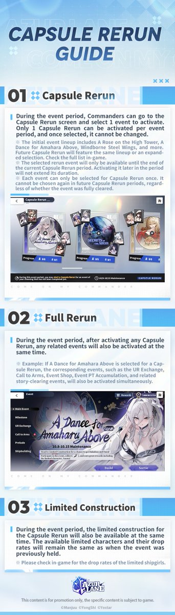 AzurLane_EN's tweet photo. Dear Commander,

The Capsule Rerun event will be available for a limited time between 10/8 - 10/14, 11:59 P.M. (UTC-7). During this event period, you may start a Capsule Rerun for an event of your choosing that has not been completed yet.
※Please refer to the image below for more details.

#AzurLane #Yostar