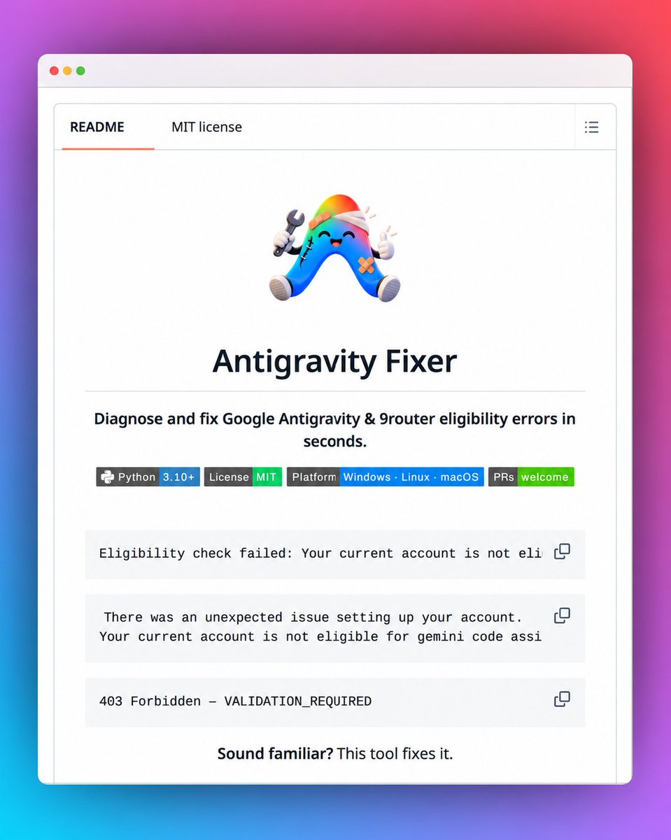 rammcodes's tweet photo. Lmaooo... someone got tired of Antigravity errors and built a tool to fix them all. 💀

Open-source devs are fast AF. 😭

Follow me for more amazing AI, Coding &amp; Web Dev insights 💎 https://t.co/y2fZbtuH2o