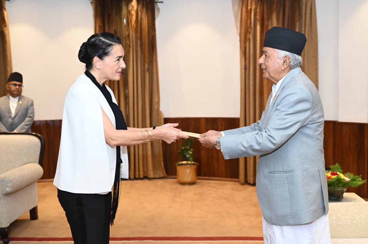 OOP_Nepal's tweet photo. Rt. Hon. President Mr. Ramchandra Paudel received Letters of Credence from H.E. Ms. Françoise PUIG-INZA, Ambassador of France amidst a special ceremony held at the Office of the President, Sheetal Niwas, today. https://t.co/Ye7XgQETXk