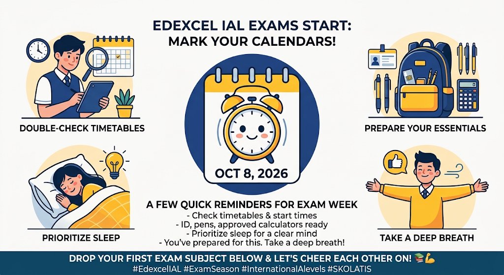 skolatisworld's tweet photo. 🗓️ Mark your calendars: 

Edexcel IAL exams start: October 8, 2026!

👉 Read full post: https://t.co/oqJ6Yfu2et

#EdexcelIAL #ExamSeason #InternationalAlevels #SKOLATIS https://t.co/Tvo8kGlmJJ