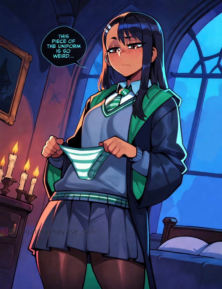 HayasesNagatoro's tweet photo. A Slytherin through and through.💚 Wand ready, attitude set. What spells should try on Senpai first? https://t.co/uafsN9uTyN