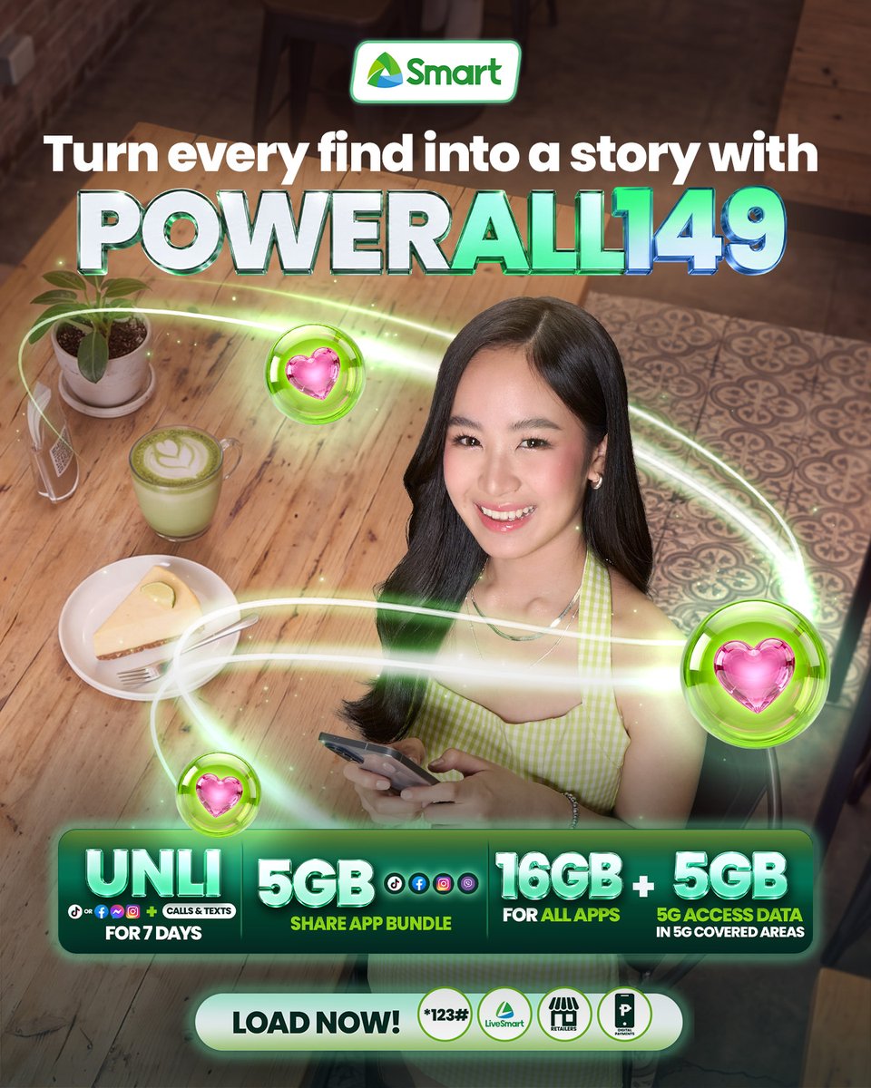 LiveSmart's tweet photo. Every find can lead to a story worth sharing 💚

Load the Power All 149 SHARE BUNDLE and turn a new favorite find or a spontaneous lakad into a moment worth sharing with 5GB of data for TikTok, Facebook, Instagram & Viber, 16GB data for all apps, 5GB 5G data, UNLI Calls & Texts valid for 7 days.

Load now: https://t.co/jN5chyjQoD
#PowerYourSidequests #SmartPowerAll