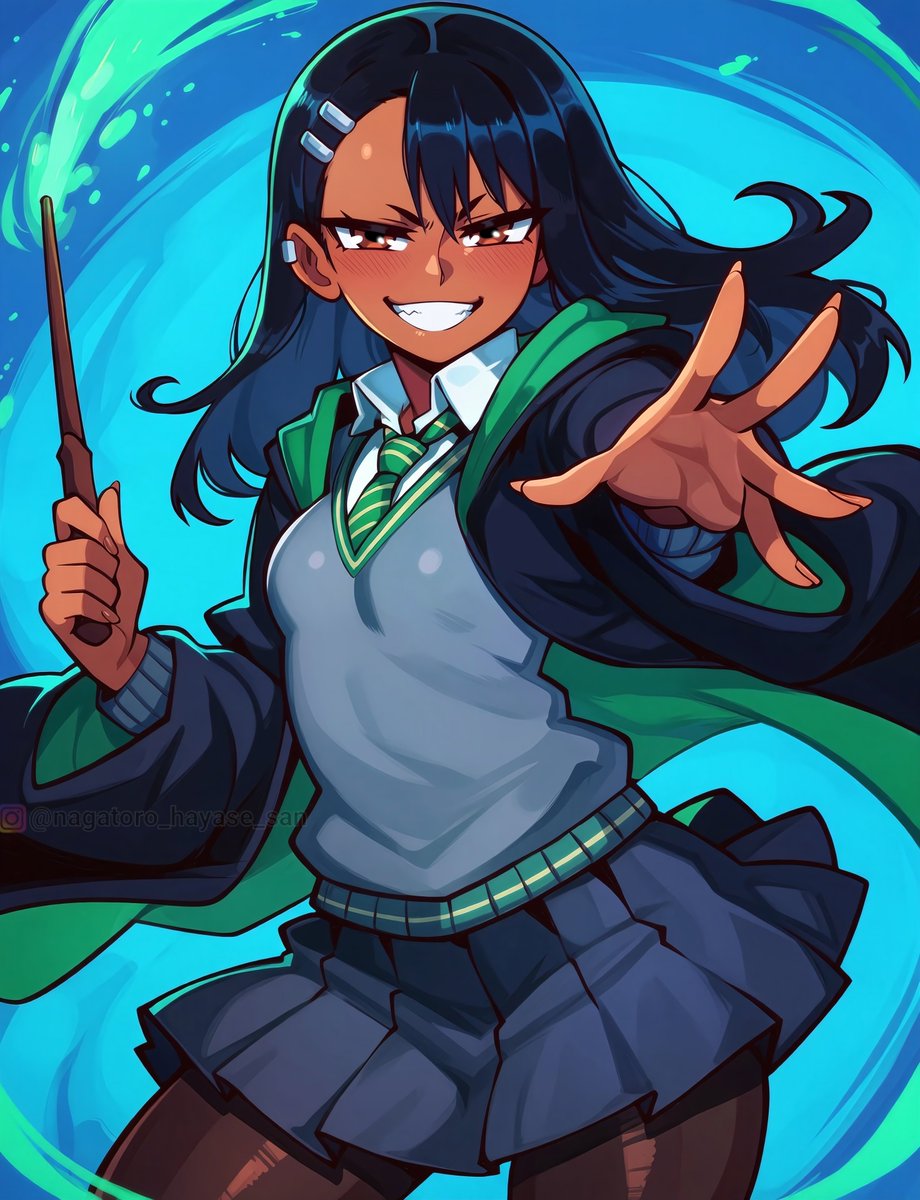 HayasesNagatoro's tweet photo. A Slytherin through and through.💚 Wand ready, attitude set. What spells should try on Senpai first? https://t.co/uafsN9uTyN