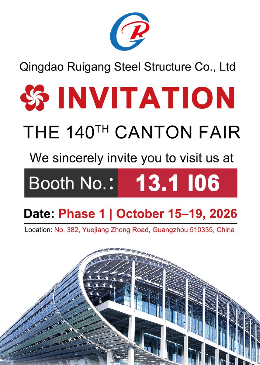 Qingdaoruigang's tweet photo. 🍀Canton Fair 2026 — We are here!
📍 Booth No.: Phase 1, 13.1I06
🗓️ Date: Oct 15–19, 2026
🎯Email: info@ruiganggroup.com
#RG_STEEL #RG_Steel #SteelStructure #PrefabBuilding #CementPlant #CantonFair https://t.co/xXSU6oFVbI