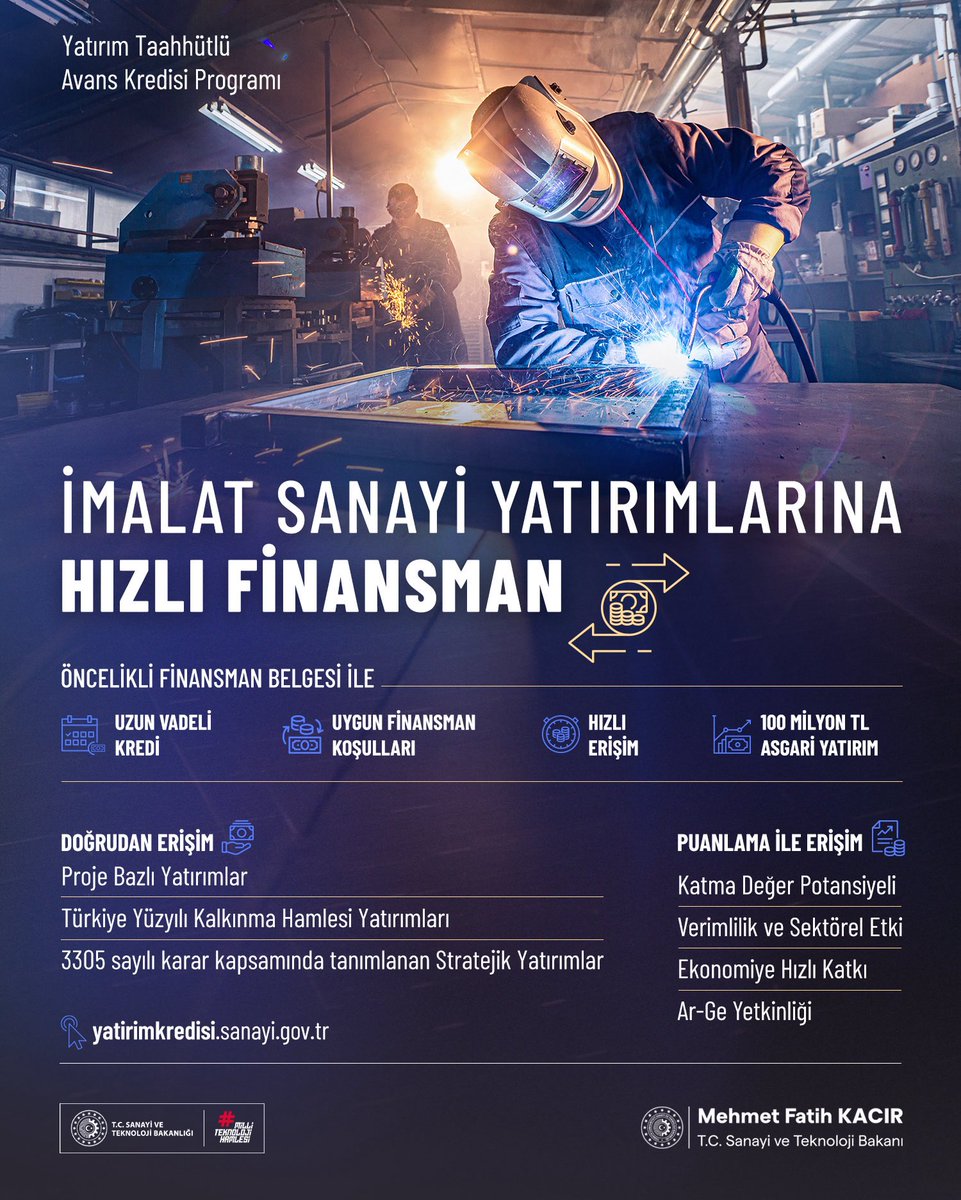 farukaytek's tweet photo. ❝AK Parti; üretimi büyüten her yatırımı, güçlü ve tam bağımsız Türkiye idealimize vurulan yeni bir mühür olarak gören büyük bir kalkınma hareketidir.❞

Sanayimizin yatırım gücünü artıracak, stratejik projelerin finansmana erişimini hızlandıracak yeni bir adım atıyoruz.

▪️ Bugüne kadar toplam 530 milyar lira yatırım tutarına sahip 84 projeyi uygun koşullu finansmana yönlendirdiğimiz 750 milyar lira bütçeli Yatırım Taahhütlü Avans Kredisi Programı kapsamında, yeni ve kapsayıcı bir uygulamayı hayata geçiriyoruz.

▪️ İmalat sanayisine yönelik teşvik belgesi bulunan yatırımlar için Öncelikli Finansman Belgesi düzenleyerek sanayicilerimize uzun vadeli ve uygun koşullu yatırım kredilerine hızlı erişim imkânı sunuyoruz.

▪️ Teşvik belgesine sahip, yatırım tutarı 100 milyon lira ve üzerindeki tüm imalat sanayisi yatırımlarını kapsama alıyoruz.

▪️ Proje bazlı desteklenen, Türkiye Yüzyılı Kalkınma Hamlesi Programı kapsamında teşvik belgesi bulunan veya Stratejik Yatırım Belgesi alan yatırımcılarımız için doğrudan Öncelikli Finansman Belgesi düzenlenecek.

▪️ Diğer teşvik belgeleri; katma değer potansiyeli, verimlilik ve sektörel etki, ekonomiye hızlı katkı ve Ar-Ge yetkinliği ölçütleri üzerinden değerlendirilecek. 50 ve üzeri puan alan yatırımlar Öncelikli Finansman Belgesi almaya hak kazanacak.

▪️Belge sahibi yatırımcılarımız; 1 milyar liraya ve yatırım tutarının yüzde 50’sine kadar uygun vade ve koşullarda Yatırım Taahhütlü Avans Kredisi kullanmak üzere bankalara başvurabilecek.

Cumhurbaşkanımız ve Genel Başkanımız Sayın @RTErdogan’ın liderliğinde; üreten, istihdam sağlayan ve ülkemize değer katan yatırımların önünü açmaya, Türkiye Yüzyılı’nı güçlü sanayi hamleleriyle inşa etmeye devam edeceğiz.

🔗 Başvuru: https://t.co/xkwCipMVQR