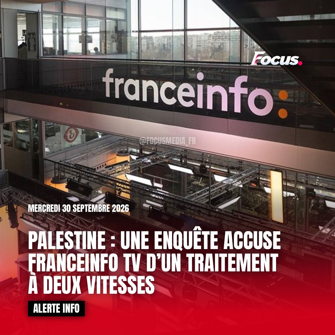FocusMedia_Fr's tweet photo. 🔴 ALERTE INFO | PALESTINE : UNE ENQUÊTE ACCUSE FRANCEINFO TV D’UN TRAITEMENT À DEUX VITESSES

Une enquête d’Acrimed et Orient XXI met en cause la couverture de la Palestine par Franceinfo TV.

Entre septembre 2024 et juin 2026, l’ambassadeur d’Israël en France aurait été invité 10 FOIS, contre UNE SEULE FOIS pour l’ambassadrice palestinienne. 

L’étude relève également une chute de 92 % des occurrences du mot « Gaza » entre octobre 2025 et juin 2026, selon des données de l’INA.

Des journalistes de la rédaction interrogés évoquent également des déséquilibres éditoriaux et des phénomènes d’autocensure.

📰 https://t.co/8Qot3xtWVm