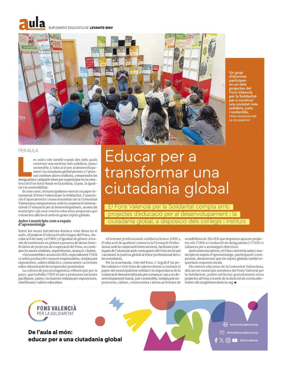fonsvalencia's tweet photo. 📚Els projectes d’educació per al desenvolupament i la ciutadania global del @fonsvalencia a “Aula”, suplement educatiu del @levante_emv

📖”Educar per a transformar una ciutadania global”

🌎”El Fons Valencià per la Solidaritat compta amb projectes d’educació per al desenvolupament i la ciutadania global, a disposició dels col·legis i instituts”