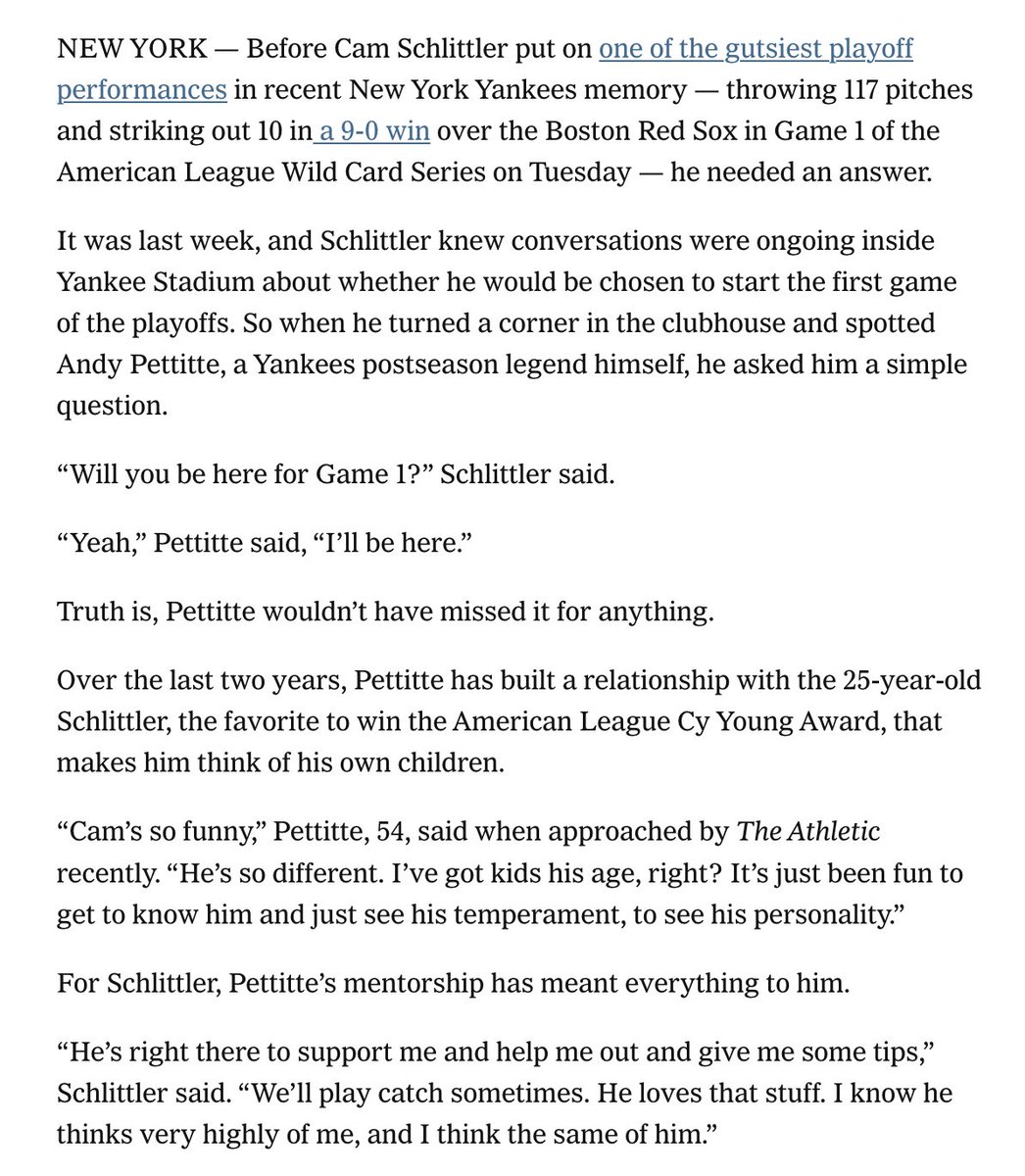 BrendanKutyNJ's tweet photo. Before Cam Schlittler owned the Red Sox in Game 1 of the Wild Card, he wanted to know:

Would Andy Pettitte be there?

Pettitte has become a close mentor to Schlittler, whose legend is growing like Pettitte's did.

Exclusive on their relationship, free: https://t.co/pBFEEXjtbx https://t.co/vskW0rErqN