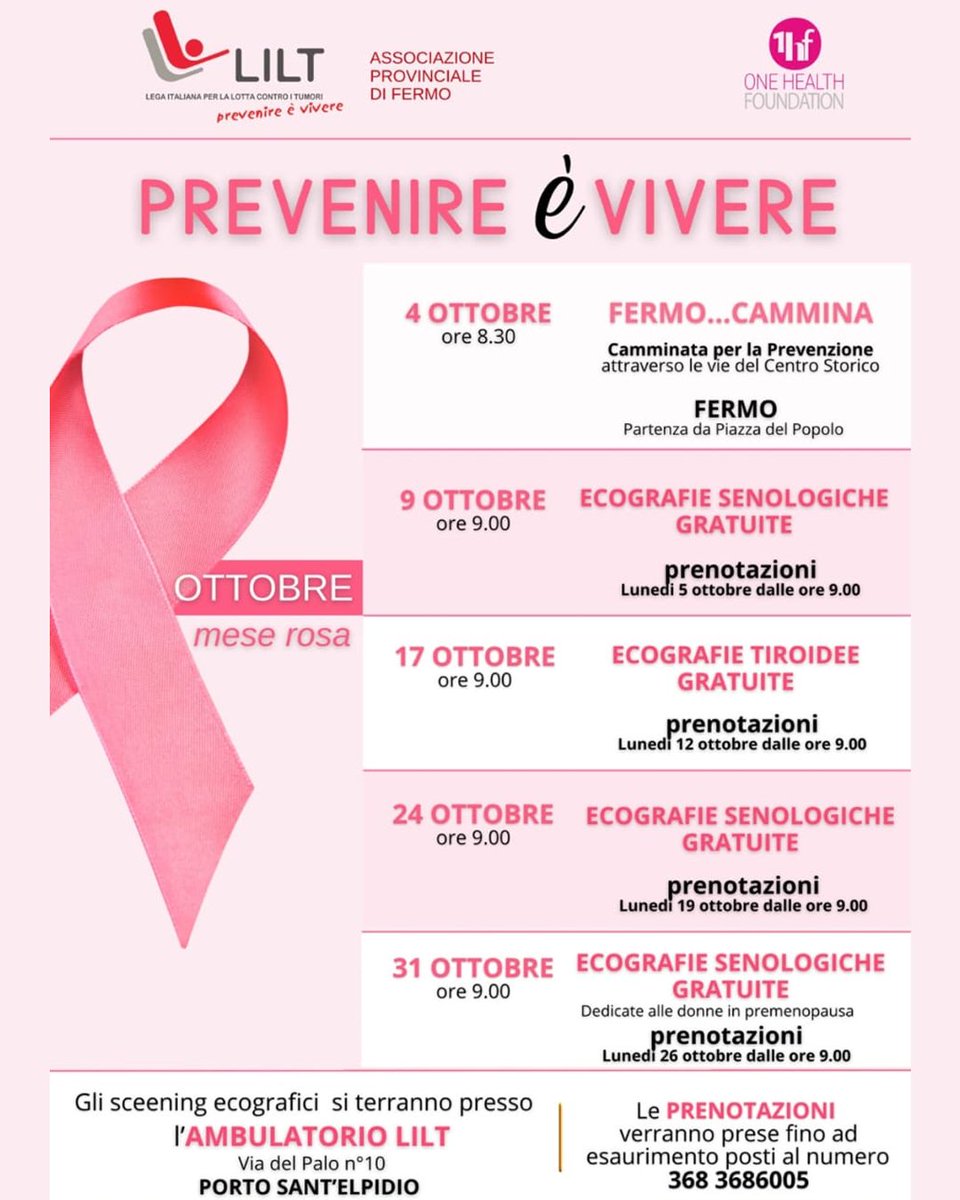 onehtfoundation's tweet photo. Ottobre è il mese dedicato alla #prevenzione oncologica femminile, in particolare alla prevenzione del #tumore al #seno.

OHF offre screening ecografici gratuiti, presso l’ambulatorio LILT di Porto Sant’Elpidio. Le prenotazioni sono disponibili fino a esaurimento posti. https://t.co/jL9CP8SHlB