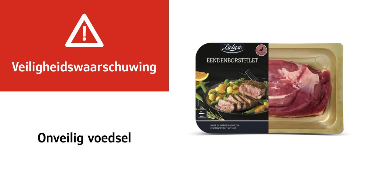 _NVWA's tweet photo. Veiligheidswaarschuwing: Lidl waarschuwt voor Deluxe – Eendenborstfilet. Er kan salmonella in zitten. Eet de eendenborstfilet niet. Zie de website van Lidl: https://t.co/Lyb4cYoLJ8 https://t.co/gWQCZZjxJx