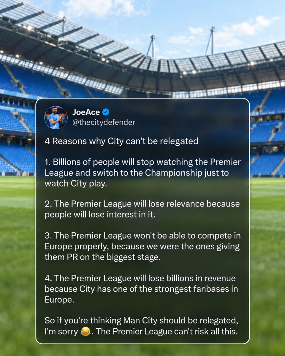 mimbarbola's tweet photo. Setelah lihat kelakuan kebanyakan fans Man City, jadi ngerasa kalo fans MU sama Arsenal mendingan. 🤣🤣

Salah satu contohnya ini deh, ada yang bilang, kalo City degradasi jutaan orang gak akan lagi nonton Premier League. 🤣🤣

Seampas²nya MU ama Arsenal, gak ada yang se-halu ini 🤣🤣
