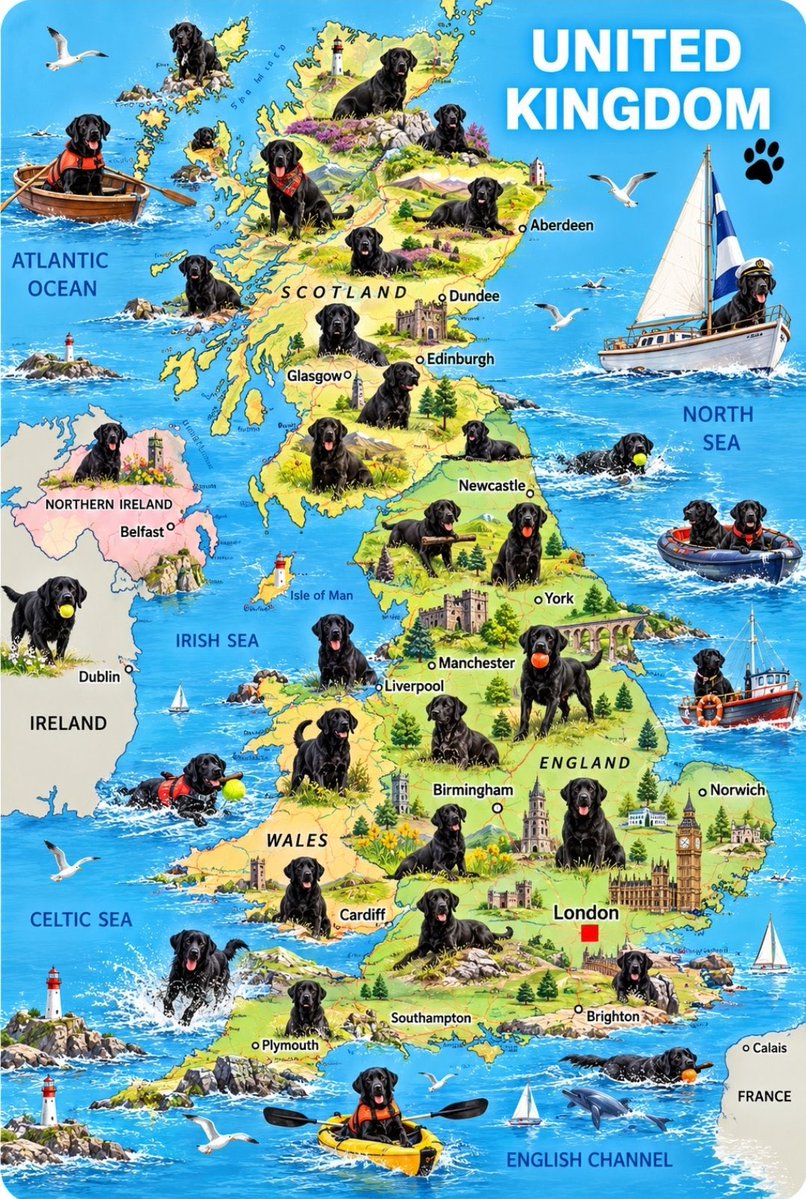 SophiePrestonHa's tweet photo. 🚨 BREAKING: THE LABRADORS HAVE TAKEN OVER BRITAIN! 😂🐕🇬🇧

Following this morning’s discussion about warm ale, country pubs and black Labradors featuring in a supposed “far-right nostalgic vision of Britain”…

Someone has sent me this. 😂

Apparently they’re everywhere.

Scotland. Wales. England. Northern Ireland. Even out at sea!

I particularly like the ones patrolling the English Channel in a kayak and sailing boat. 😂

Sometimes a Labrador really is just a Labrador. 🐕❤️

And judging by this map, they’re considerably better organised than I realised!

#Labrador #Labradors #BritishHumour #RuralBritain #CountryLife #BritishCountryside #DogsOfBritain #DogLovers #JustForLaughs