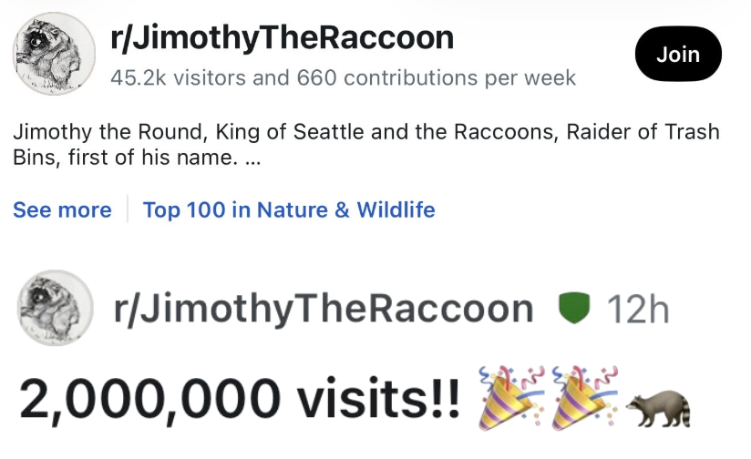 Jimothyworld's tweet photo. The Jimothy subreddit has climbed into Reddit’s top 100 Nature &amp; Wildlife communities.

2,000,000 unique visits, with 45,000+ visits and 660 new contributions every week.  

Jimothy World Order 🌎 🦝 https://t.co/JzAlrLRHge