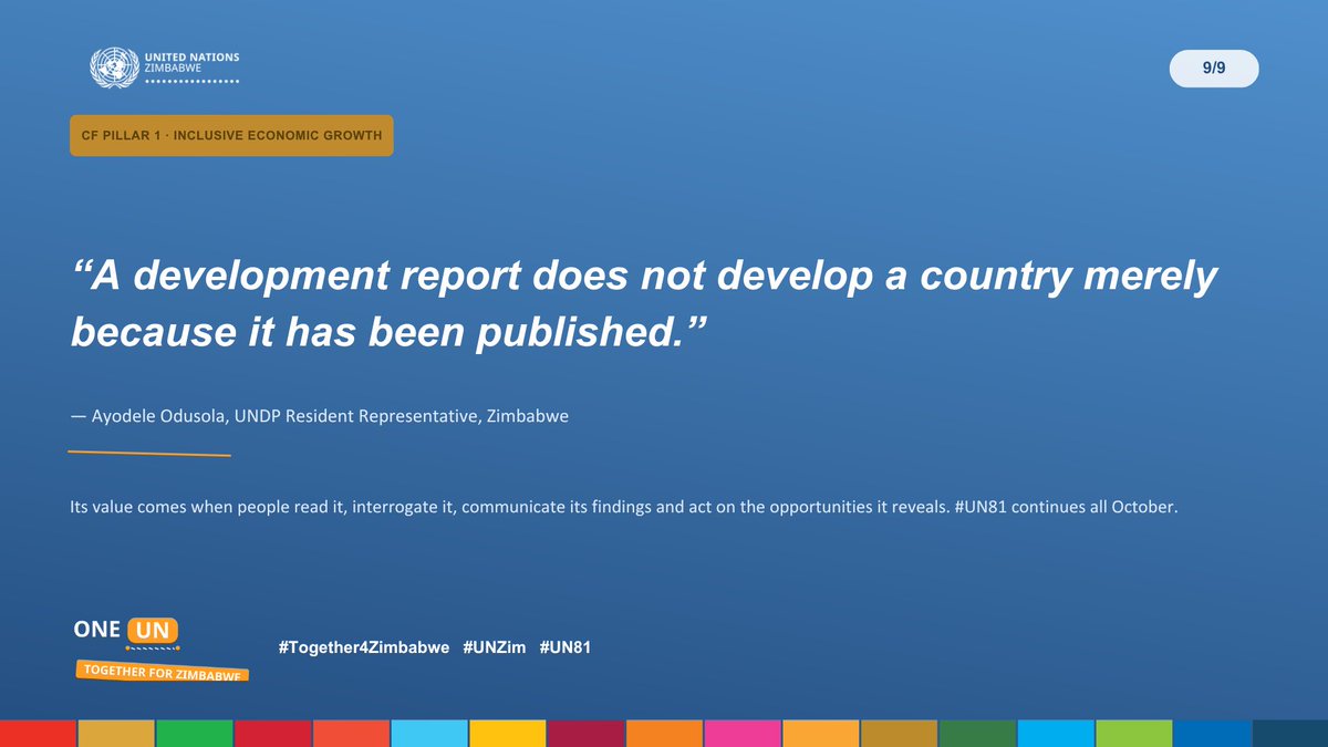 UNZimbabwe's tweet photo. @UNDPZimbabwe @AyodeleOdusola @zidainvest @CrossBoundary 9/9 Government, institutions, investors, enterprises and the media β @AyodeleOdusola's closing message was that reimagining how Zimbabwe finances its development is everybody's business, not just the UN's.
@UNDPZimbabwe
#Together4Zimbabwe #UNZim #UN81 https://t.co/Bg0w2jR62v