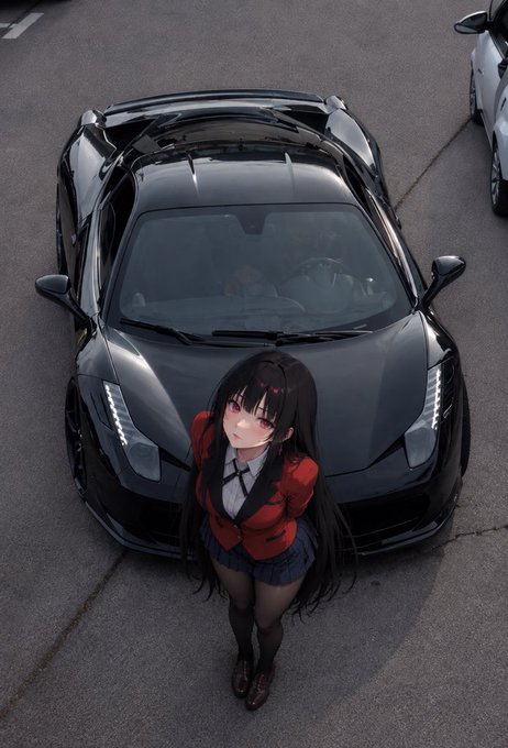 An illustration of an anime girl with long black hair wearing a red blazer and school uniform standing in front of a black sports car on a street.
