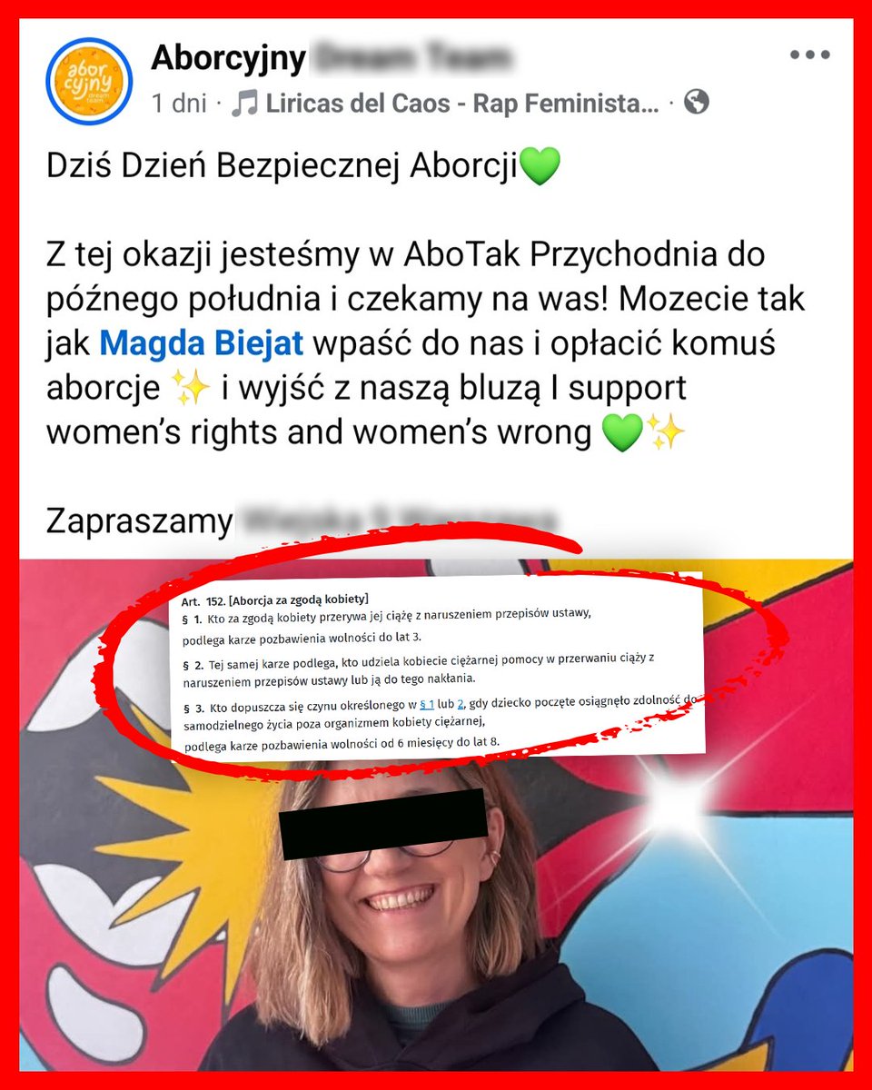 KlaudiaDomagala's tweet photo. Magdalena Biejat, wicemarszałek Senatu, powinna zostać skazana i trafić DO WIĘZIENIA! Mamy w polskim Kodeksie Karnym art. 152 § 2, który mówi, że osoba udzielająca kobiecie ciężarnej pomocy w przerwaniu ciąży z naruszeniem przepisów ustawy, lub gdy ją do tego nakłania, podlega karze pozbawienia wolności do 3 lat, a w części przypadków nawet do 8 lat.

Do rozważenia byłoby postawienie mocniejszych zarzutów, gdyż cały proceder z*bijania dzieci na masową skalę budzi podejrzenie zorganizowanej grupy przestępczej, w dodatku finansowanej także zza granicy. Co więcej, "Aborcyjny Dream Team" sam publicznie napisał, że można „jak Magda Biejat” opłacić komuś aborcję. To powinno zostać wyjaśnione przez prokuraturę, również w odniesieniu do innych osób, które w ten i inny sposób organizują, finansują lub ułatwiają z*bijanie dzieci nienarodzonych.

Dlaczego organy ścigania są obecnie bierne? To rażące niedopełnienie obowiązków, co jest karane! Czy minister Żurek w tej sprawie również powoła setki prokuratorów, aby wsadzić tych przestępców za kraty, czy schowa głowę w piasek udając, że nic się nie dzieje?!

Polacy to widzą, Polacy was rozliczą, bądźcie pewni.

Praworządność to nie tylko hasło. Każda osoba która łamie prawo, w szczególności w sferze publicznej, powinna stanąć przed wymiarem sprawiedliwości. Bo władza i pełnione funkcje to nie tylko zaszczyt ale też ogromna odpowiedzialność, zarówno za Państwo, jak i za ludzi. Tego rodzaju sytuacje są tym bardziej oburzające, gdy mówimy o członkach rządu, marszałkach, posłach czy europosłach. Niech politycy wreszcie zaczną od siebie, jeśli chcą w jakiejkolwiek sprawie pouczać innych. Najwyższy czas, aby nowe pokolenie wymiotło obecną, przeżartą złem klasę polityczną 💪

Bo my nie odpuścimy. Mamy oprócz naszych małych ojczyzn, także Polskę i Europę do uratowania.

#ProLife