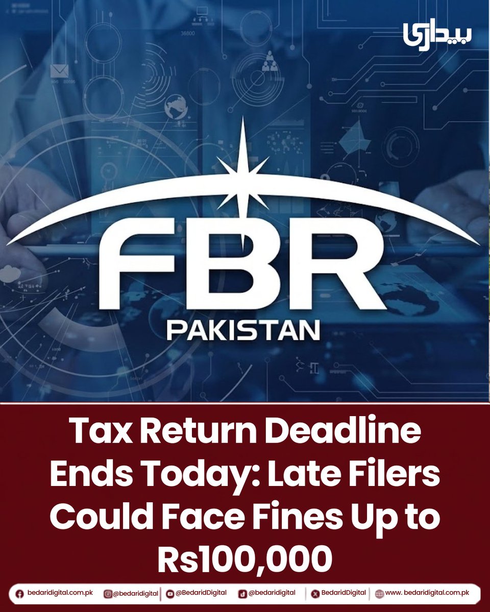 BedariDigital's tweet photo. Tax Return Deadline Ends Today: Late Filers Could Face Fines Up to Rs100,000
The deadline for filing income tax returns for the 2025–26 tax year ends today, September 30, with the Federal Board of Revenue (FBR) urging taxpayers to submit their returns before the deadline.From October 1, penalties for late filing are set to increase. Individual taxpayers could face a fine of up to Rs25,000, while penalties for Associations of Persons (AOPs) may rise to Rs50,000. Companies could face penalties of up to Rs100,000.
for more:https://t.co/xckb82BRyB