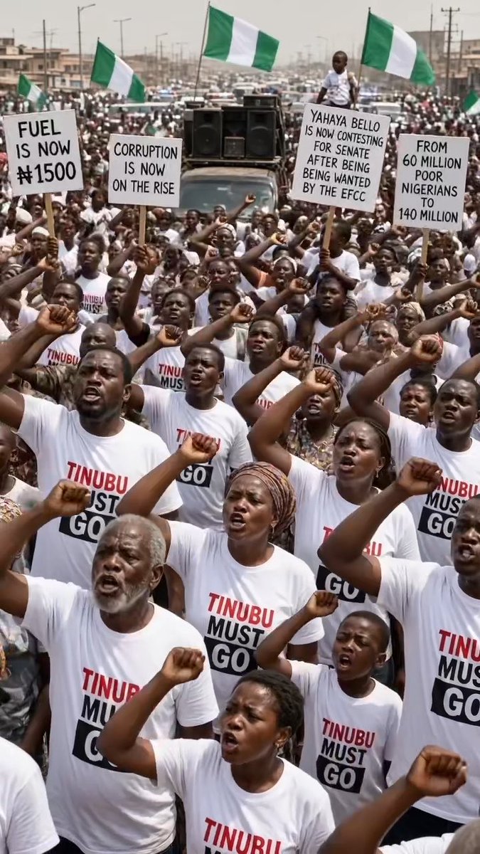 A large crowd of protesters wearing white 'TINUBU MUST GO' t-shirts raise their fists in unison, holding signs that read 'FUEL IS NOW ₦1500', 'CORRUPTION IS NOW ON THE RISE', 'YAHAYA BELLO IS NOW CONTESTING FOR SENATE AFTER BEING WANTED BY THE EFCC', and 'FROM 60 MILLION POOR NIGERIANS TO 140 MILLION'.