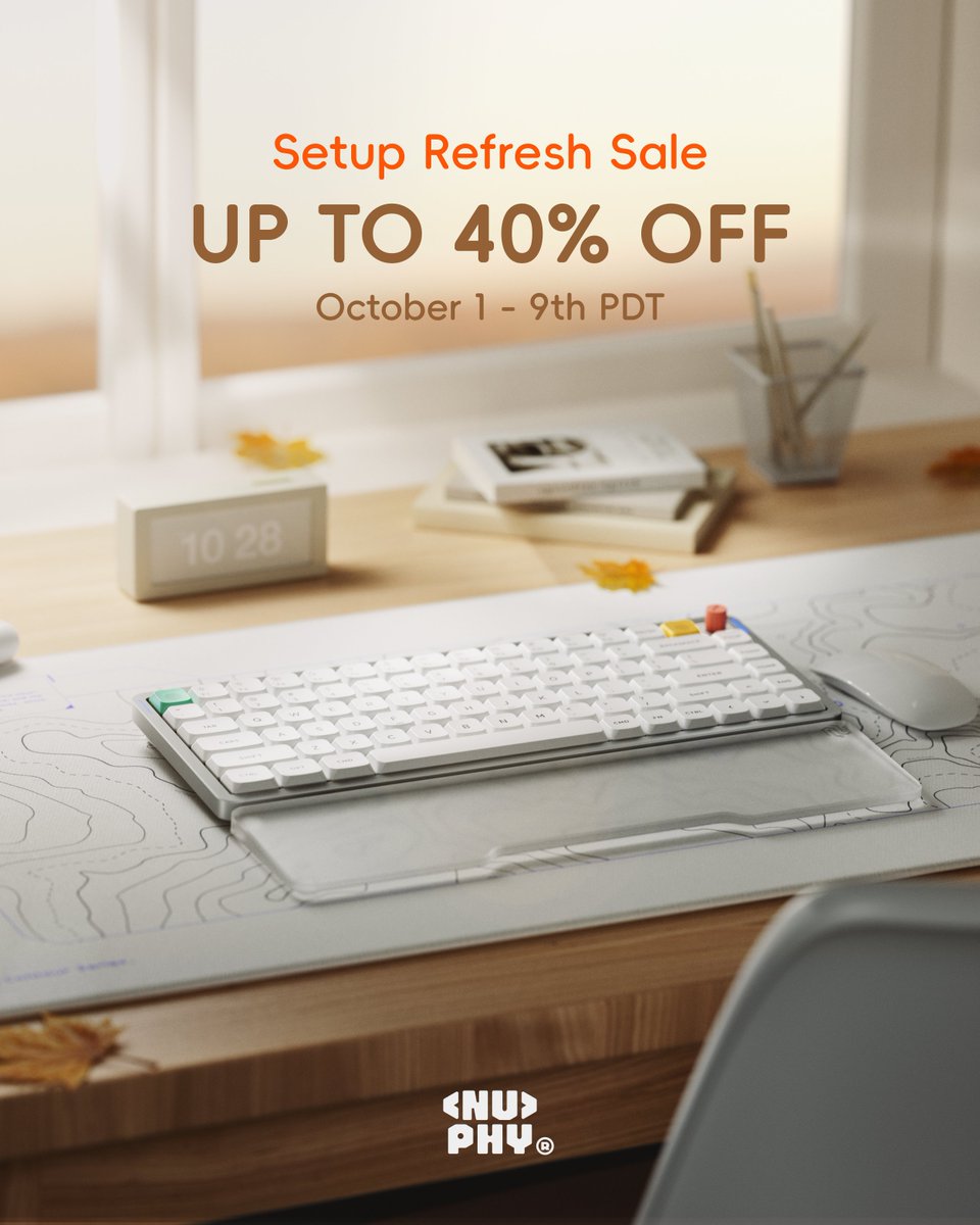 nuphystudio's tweet photo. A little change on your desk, a fresh feel for fall. 🍂

Our Setup Refresh Sale runs October 1–9 (PDT), with up to 40% off selected favorites. Find something for the setup you’ve been picturing.

#nuphy #desksetup https://t.co/uPHVB5yBQj