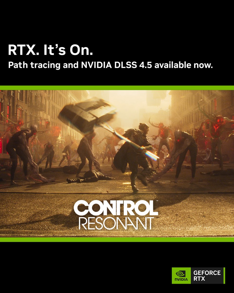 NVIDIAGeForceDE's tweet photo. Nichts bleibt für immer unter Verschluss.

Erlebt CONTROL Resonant mit #RTXOn – inklusive Path Tracing sowie NVIDIA DLSS 4.5 mit Dynamic Multi Frame Generation und Ray Reconstruction. https://t.co/DZySxULaWR