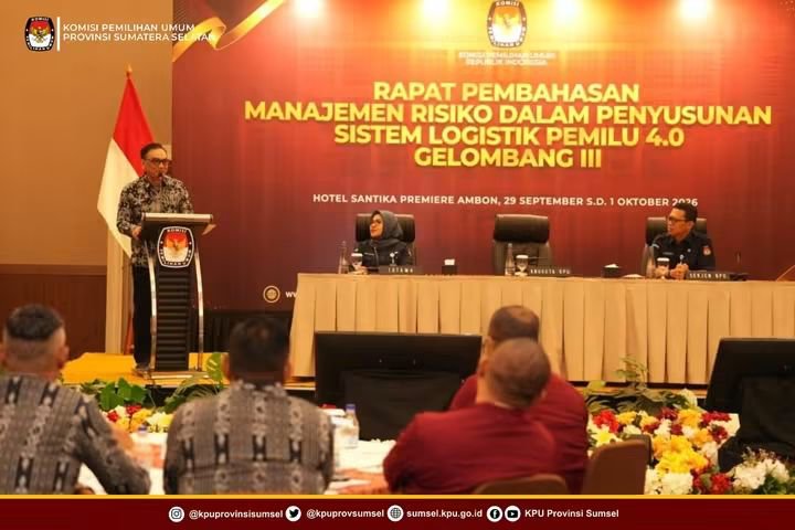 kpusumsel's tweet photo. #Temanpemilih Ketua KPU Provinsi Sumatera Selatan, Andika Pranata Jaya menghadiri rapat pembahasan manajemen risiko dalam penyusunan sistem logistik Pemilu 4.0 Gelombang III, Rabu (30/9/2026).

#KPUMelayani https://t.co/7KG0YZhzcI