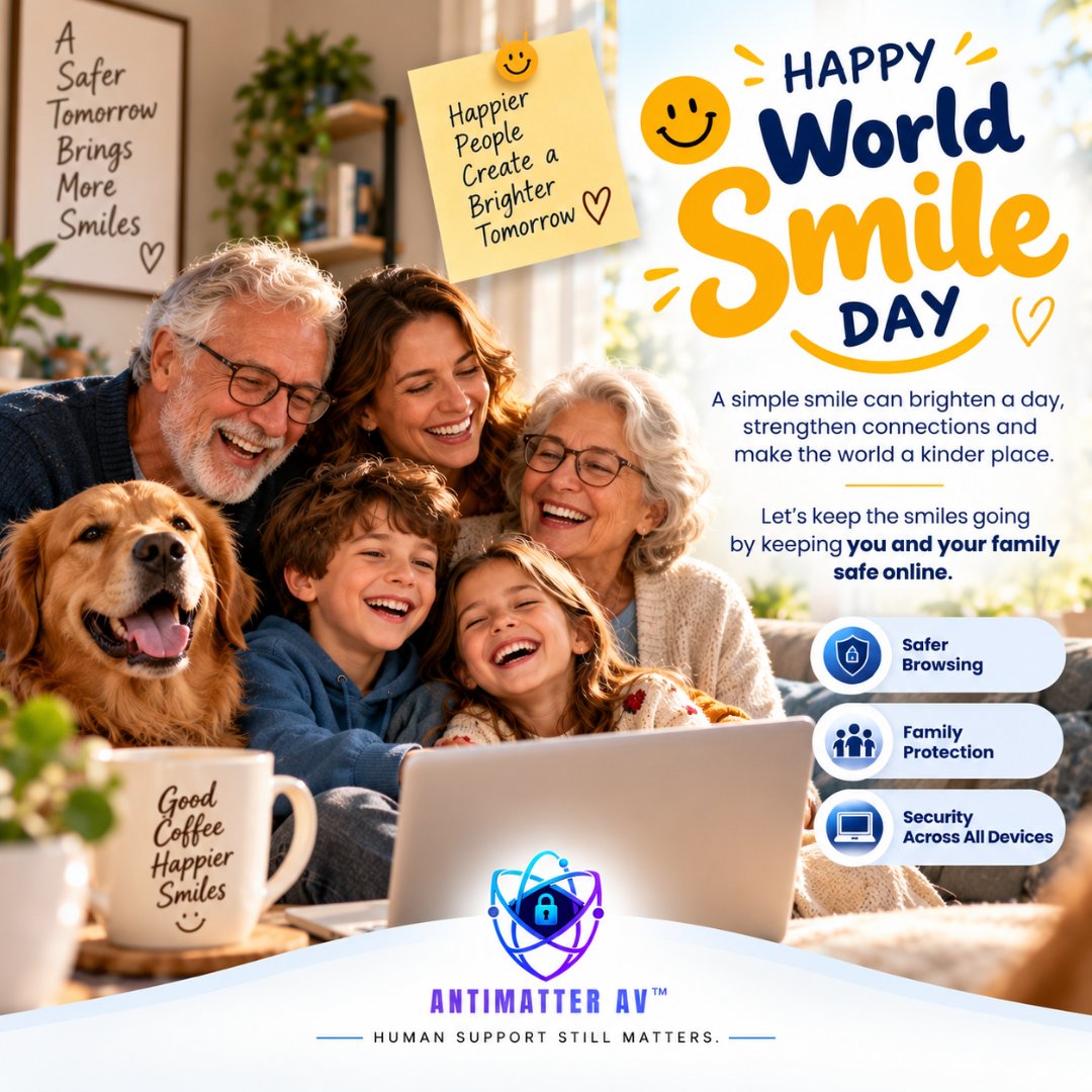 Antimatter98283's tweet photo. A smile can brighten someone’s entire day. 😊 Spread kindness, share happiness, and help keep the people behind those smiles safer online. 💙🛡️
#WorldSmileDay #OnlineSafety #AntiMatterAV https://t.co/9I2WXfID6d