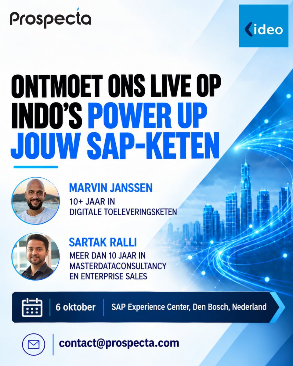 ProspectaMDO's tweet photo. Bezoek ons tijdens IDEO’s “Power Up Your SAP Chain”

Als Service & Asset Management door jouw SAP-landschap loopt, zet deze datum dan in je agenda.
Prospecta is op 6 oktober 2026  aanwezig en brengt master data- en assetdatagovernance naar de beursvloer.

Kom kennismaken met ons team: Marvin Janssen, met meer dan 10 jaar ervaring in digitale supply chains, en Sarthak Ralli, met ruim 10 jaar ervaring in masterdataconsultancy en enterprise sales. Zij staan klaar om te bespreken hoe betrouwbare master- en assetdata de basis vormen voor alles, van predictive maintenance tot AI-ready operations.

Ontmoet ons op 6 oktober bij het SAP Experience Center, ’s-Hertogenbosch, Nederland.
Voor meer informatie kun je contact met ons opnemen via contact@prospecta.com

#Ideo #PowerUpYourSAPChain #SAP #AssetManagement #ServiceManagement #MasterData #DataGovernance #MDO #Prospecta