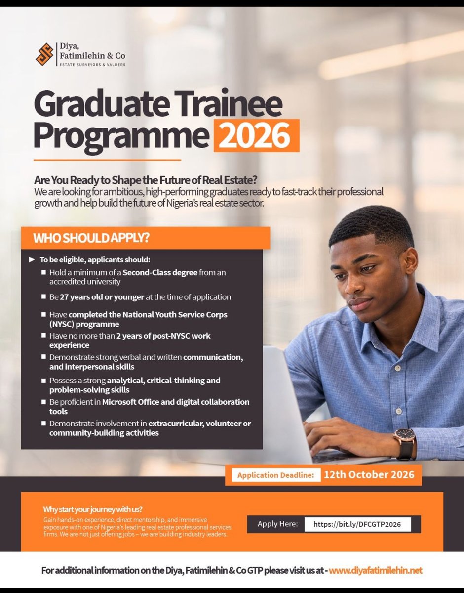 nsemeke33's tweet photo. Graduate Trainee Recruitment !!!

APPLICATIONS ARE ONGOING for the Diya, Fatimilehin & Co. Graduate Trainee Programme 2026! 🎓

We are looking for ambitious, high-performing graduates who are ready to build practical experience, develop their professional skills and contribute to the future of Nigeria’s real estate sector.

Who should apply?

Applicants must:

✅ Hold a minimum of a Second-Class degree from an accredited university
✅ Be 27 years old or younger at the time of application
✅ Have completed the NYSC programme
✅ Have no more than 2 years of post-NYSC work experience
✅ Have strong verbal, written and interpersonal skills
✅ Demonstrate strong analytical, critical-thinking and problem-solving abilities
✅ Be proficient in Microsoft Office and digital collaboration tools
✅ Have involvement in extracurricular, volunteer or community-building activities

At Diya, Fatimilehin & Co., the programme offers real estate experience, meaningful mentorship and a platform to grow, while preparing participants to contribute to a stronger real estate sector.

📌 Application deadline: 12 October 2026
🔗 Apply: https://t.co/JDJUU0OhJm
🌐 For enquiries: https://t.co/GPLPvKXkiY