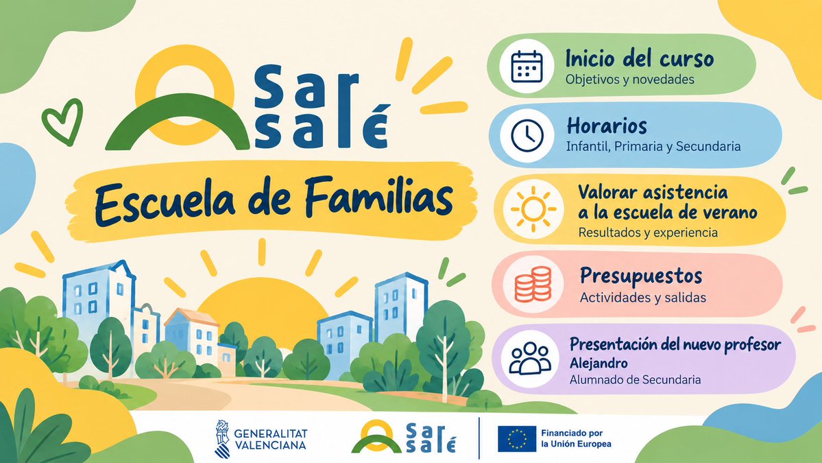 FAGAVALENCIA's tweet photo. Sarsalé Patraix: Escuela de Familias de Septiembre. Presentación del nuevo curso: Objetivos, novedades, horarios de los grupos, valor de la asistencia, salidas y actividades, nuevo profesor en Secundaria. #UE #pueblogitano #PFSE+CV21-27 #gva https://t.co/bzuUmvQnqE