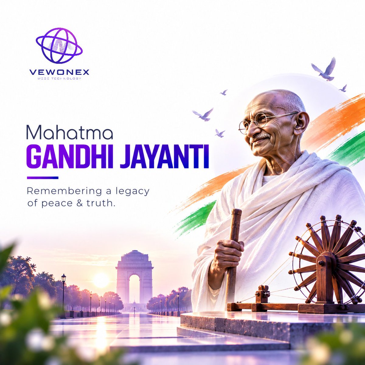 Vewonex's tweet photo. On Gandhi Jayanti, we remember the values of truth, peace, simplicity, and compassion that continue to inspire generations.

💜 Let kindness and integrity guide our journey.

#GandhiJayanti #2October #Peace #Truth #Vewonex #VewonexWideTechnology https://t.co/noGisQ8CPv