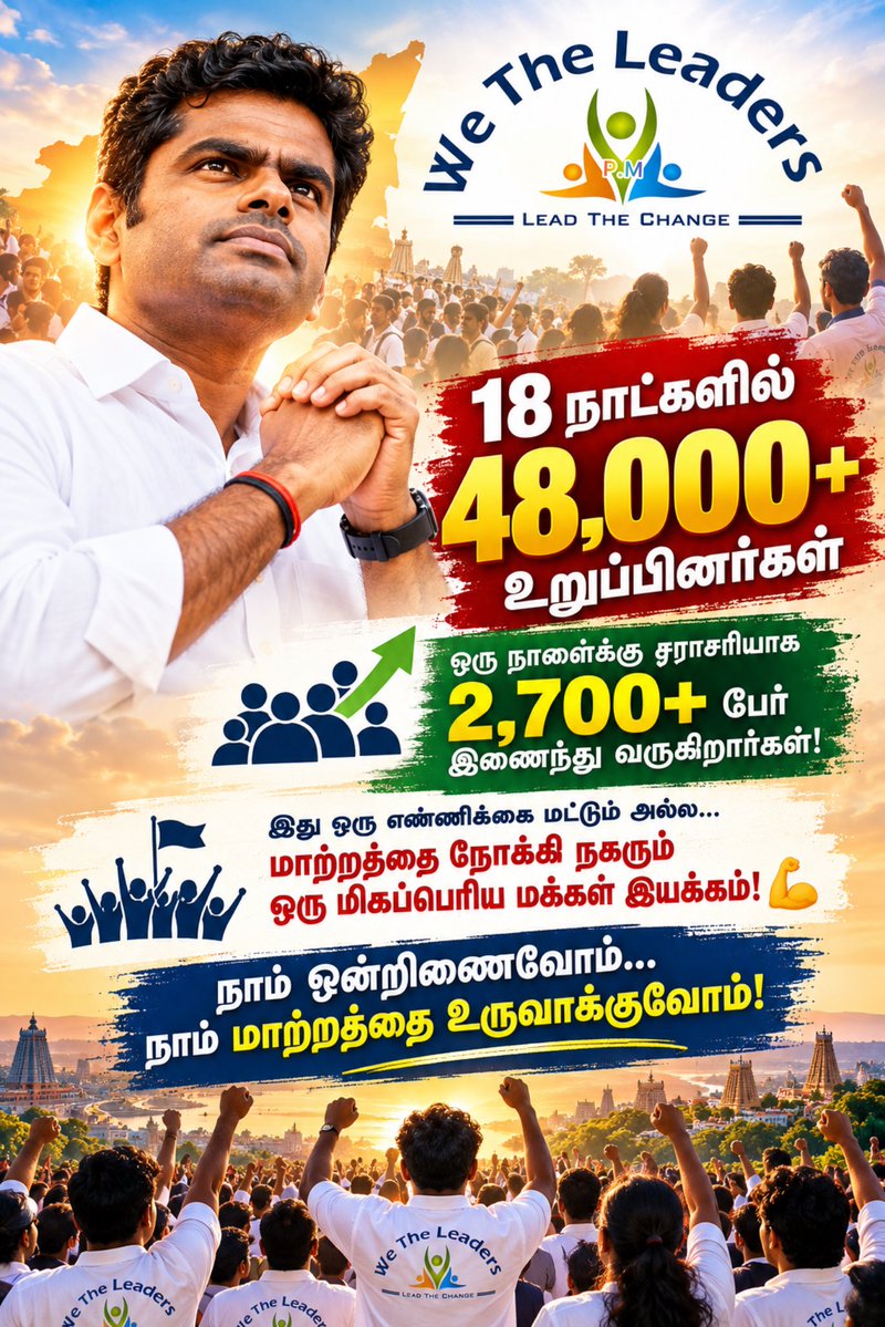 tirunelveli_wtl's tweet photo. 18 நாட்களில் 48,000+ உறுப்பினர்கள்! 🔥

ஒரு நாளைக்கு சராசரியாக 2,700+ பேர் இணைந்து வருகிறார்கள்! 🚀

இது ஒரு எண்ணிக்கை மட்டும் அல்ல…
மாற்றத்தை நோக்கி நகரும் ஒரு மிகப்பெரிய மக்கள் இயக்கம்! 💪

நாம் ஒன்றிணைவோம்…
நாம் மாற்றத்தை உருவாக்குவோம்! https://t.co/Wsb7ANnWc4
