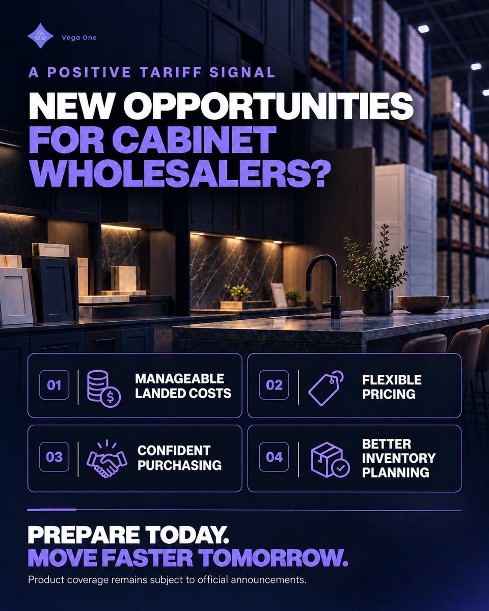 VegaIntegration's tweet photo. A New Tariff Signal Cabinet Wholesalers Should Watch

The “30-for-30” framework covers two product lists and could lead to lower tariffs on selected goods. Cabinet wholesalers can review landed costs, dealer pricing and inventory now.
#VegaOne #VegaIntegration #cabinet #wholesale https://t.co/uSO5IsL1WD