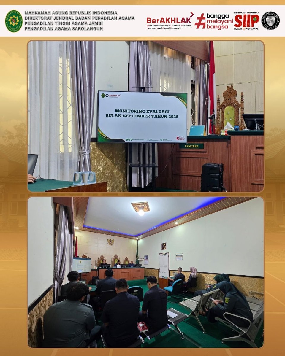 PASarolangun's tweet photo. [Rabu, 30 September 2026]

Pengadilan Agama Sarolangun melaksanakan Rapat Monitoring dan Evaluasi (Monev) Bulan September 2026 pada Rabu, 30 September 2026, bertempat di Ruang Sidang Pengadilan Agama Sarolangun. https://t.co/HQBaHxbN8m