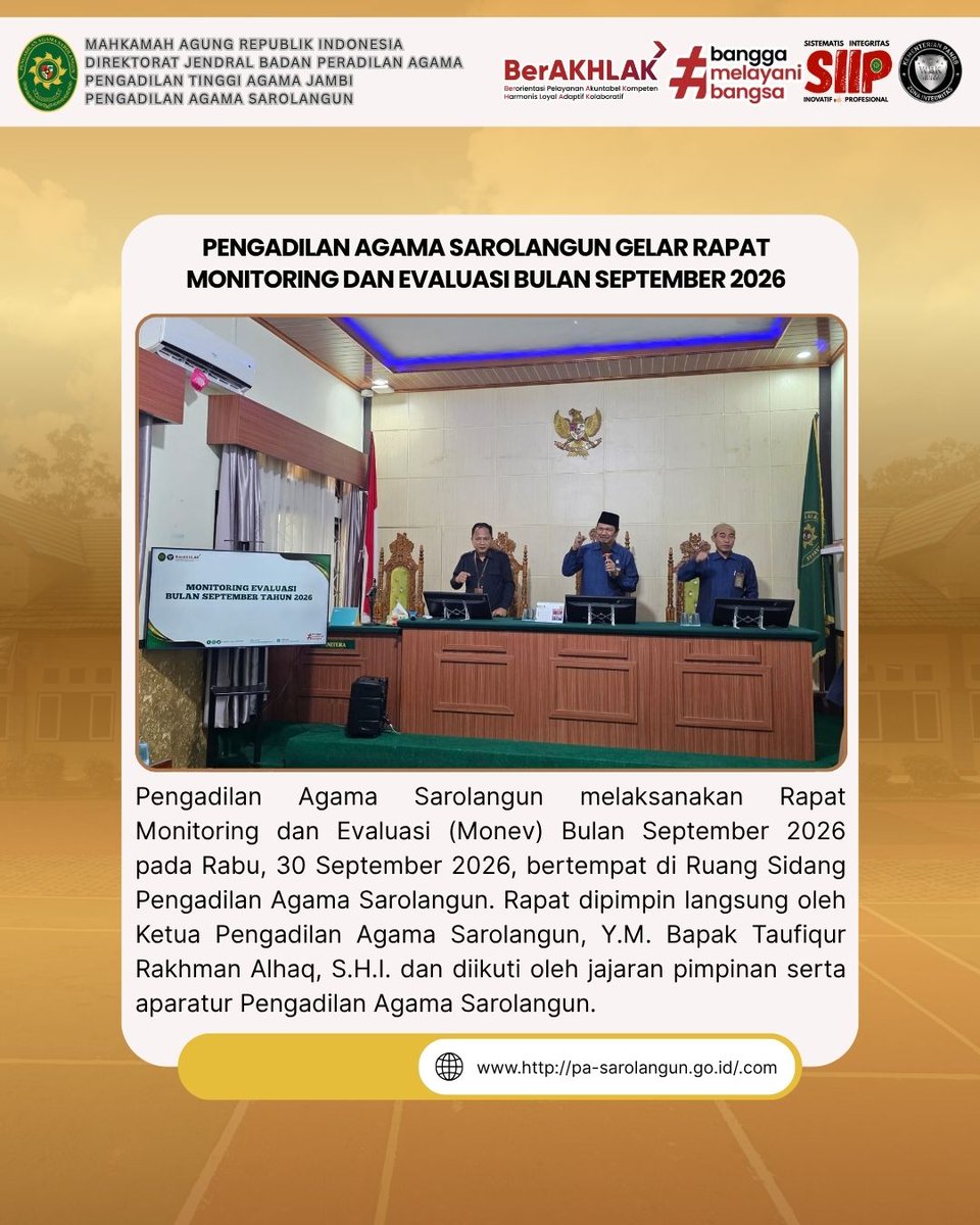 PASarolangun's tweet photo. [Rabu, 30 September 2026]

Pengadilan Agama Sarolangun melaksanakan Rapat Monitoring dan Evaluasi (Monev) Bulan September 2026 pada Rabu, 30 September 2026, bertempat di Ruang Sidang Pengadilan Agama Sarolangun. https://t.co/HQBaHxbN8m