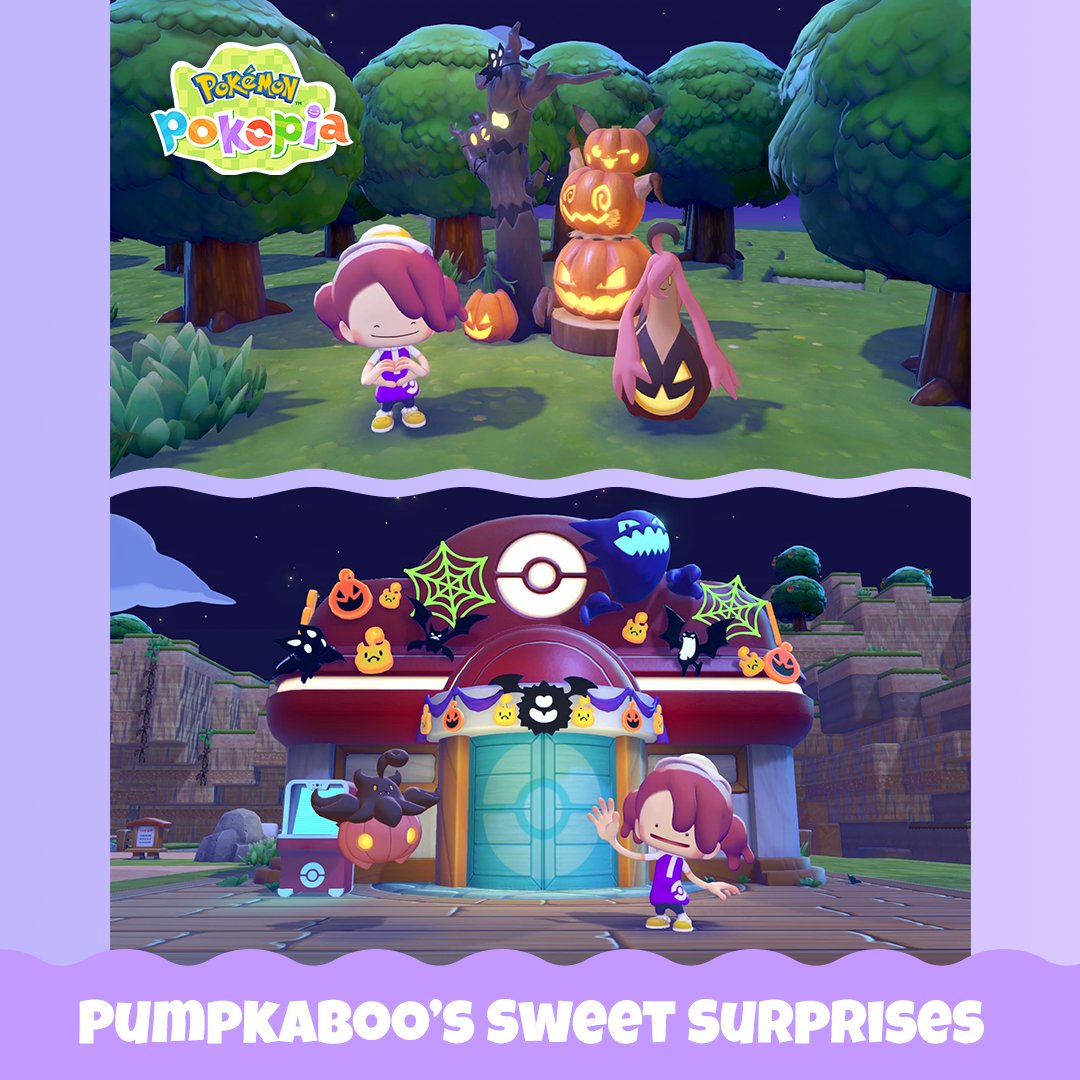 Pokemon's tweet photo. Embrace the fall spirit as Pumpkaboo and Gourgeist sneak into #PokemonPokopia! 🎃🍭 They’re arriving as part of the Pumpkaboo’s Sweet Surprises event, starting Saturday, October 17! 

Be sure to play so you can befriend these Pokémon, and exchange items for spooky rewards. https://t.co/936W0Y5Mql