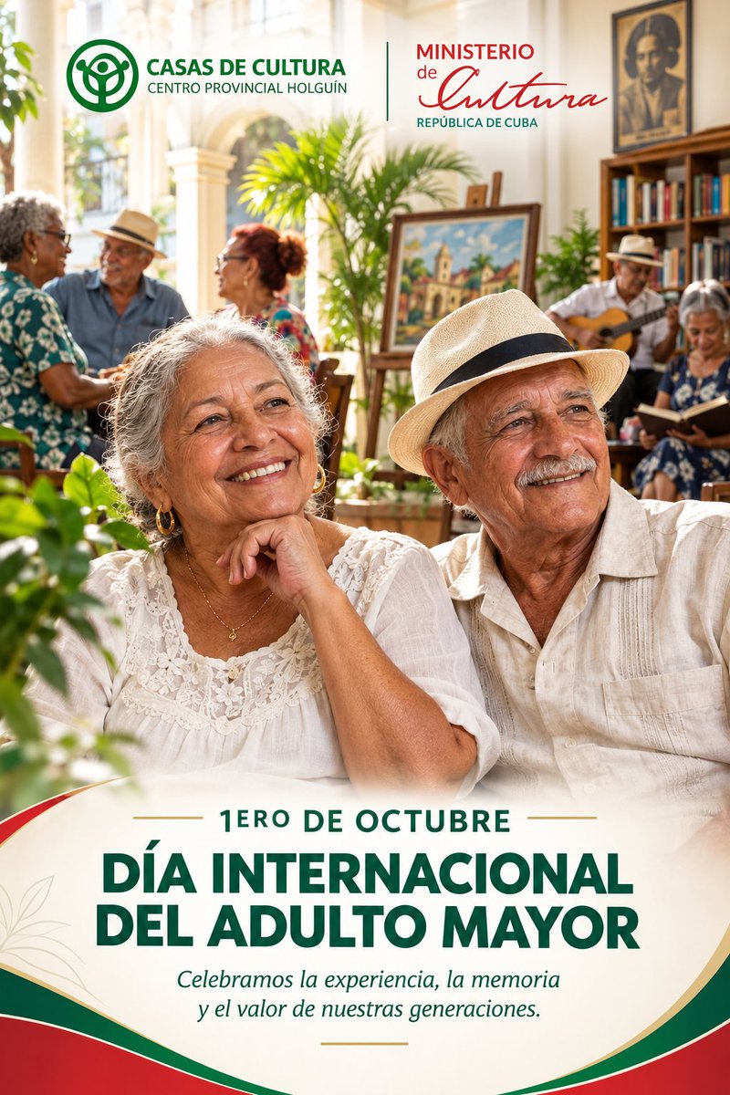 CPCC_Holguin's tweet photo. 🧓🏽👵🏽 1ro de octubre | Día Internacional del Adulto Mayor

Celebramos la experiencia, la memoria y el valor de nuestras generaciones. ❤️✨

Desde las Casas de Cultura de Holguín https://t.co/8aM6ABJunw