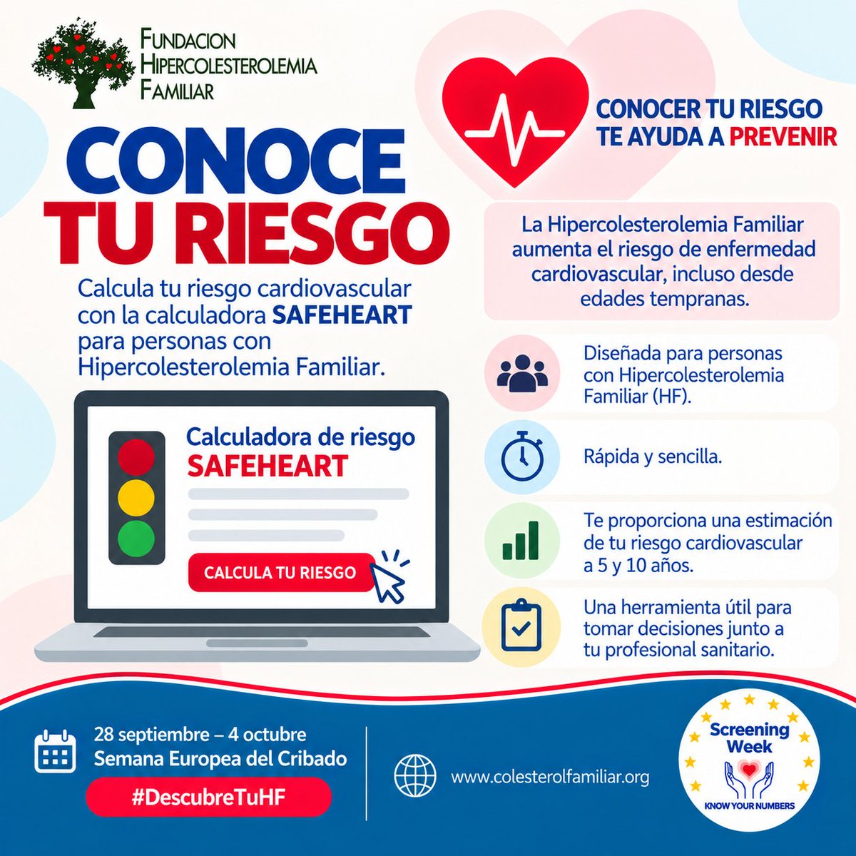 FHFamiliar's tweet photo. Semana Europea del Cribado: conoce tu riesgo:

El registro español #SAFEHEART se ha utilizado para desarrollar una ecuación que estime el riesgo de padecer eventos cardiovasculares en personas con #HF:

https://t.co/FoQq1b9PIB

#DescubreTuHF #KnowYourNumbers #euscreeningweek https://t.co/NYailpftlO
