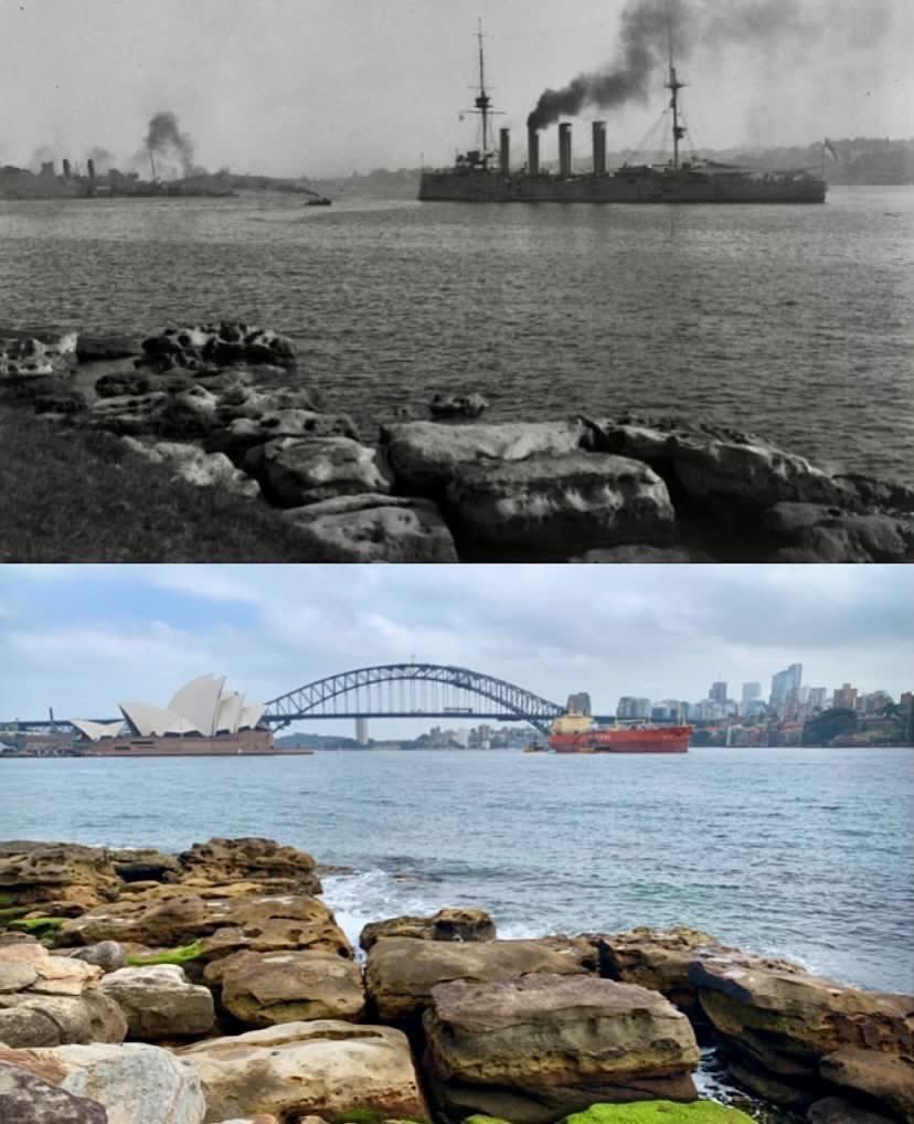sydthenandnow's tweet photo. Looking NW from Mrs Macquaries Point

1912 - 2026

A Drake-class armoured cruiser and a present-day cargo ship sail on the harbour, with a similar shoreline but very different skyline.

(NSW State Archives/A.Pages) https://t.co/XuUd7S688N