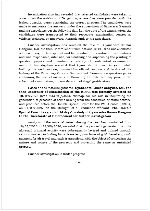 dir_ed's tweet photo. ED, Bengaluru has arrested Basavaraj Kannale on 17/09/2026 and Gyanendra Kumar Gangwar, IAS, the then Controller of Examination of KPSC on 18/09/2026 for their role in leakage of question paper of Veterinary Officers’ Recruitment Exam in lieu of illegal gratification from candidates ranging from Rs. 30 to 40 Lakh per candidate. Both have been remanded to ED custody for 14 days by the Special PMLA Court.