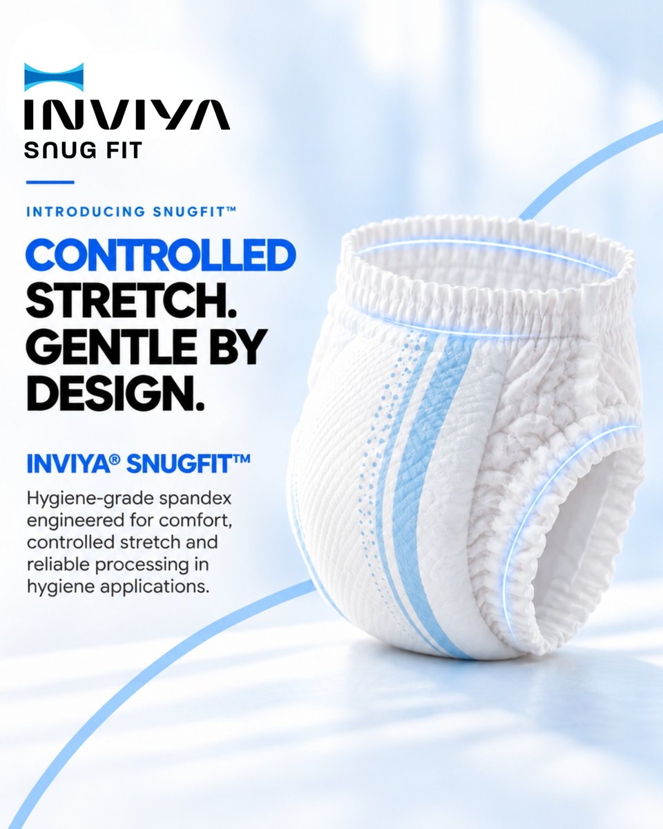 inviyaindorama's tweet photo. Reliable stretch. Everyday care.
Introducing SNUGFIT™ by INVIYA®: hygiene-grade spandex for controlled stretch, reliable recovery and smooth processing.
Built for baby, adult & pet diapers and medical use. 310–1840 DTEX in Raw White & Blue.
#INVIYA #SNUGFIT #HygieneInnovation https://t.co/R7HNHpCiXH