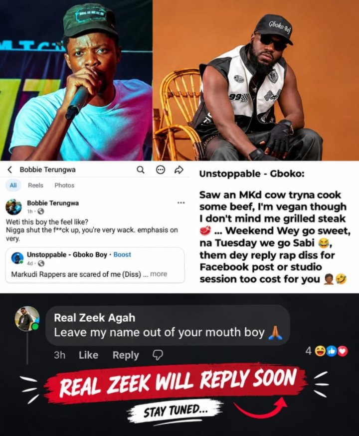 Tuveobhn's tweet photo. The diss has been flying, names have been mentioned, and now Real Zeek has heard it loud and clear. 🎤🔥

Unstoppable Gboko Boy called his name, and Real Zeek says he’s coming with a reply. Tomorrow, we find out what he has to say on wax. 👀🎶 https://t.co/aRe4BBXNzE