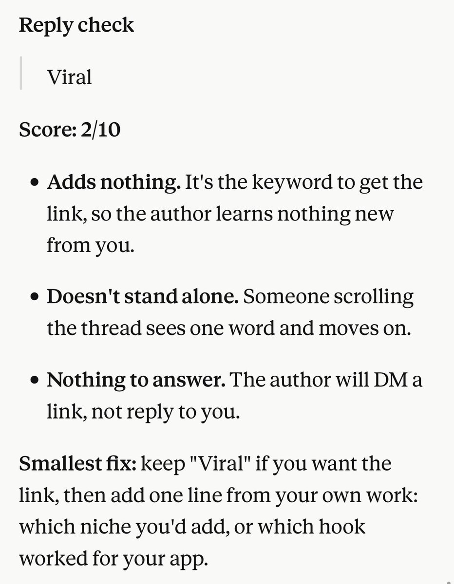 arthur_ships's tweet photo. You know the posts that say "comment VIRAL and I'll DM you the link"? I did that this morning. A Claude skill I built scored my reply 2/10.
I write every reply myself. The skill grades it and shows the weak part. Starting 30 days with it. Would you let AI grade yours? https://t.co/eXSw40fY2t