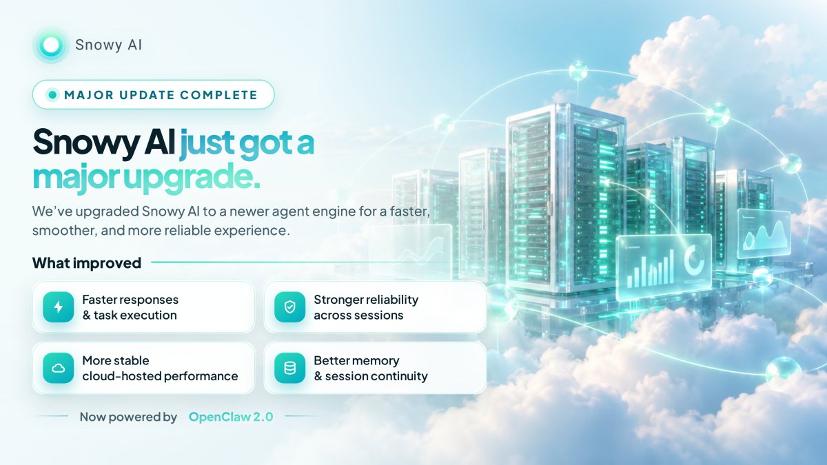 snowball_money's tweet photo. Snowy AI just got a major upgrade.

We’ve successfully migrated Snowy AI to a newer agent engine, bringing a faster, smoother, and more reliable experience across the board.

What’s improved:
• Faster responses and task execution
• Stronger reliability across sessions
• More stable cloud-hosted performance
• Better memory and session continuity

This upgrade is now live, and it’s just the beginning.

Try it FREE for 7 days: https://t.co/9u2IpUYH2M