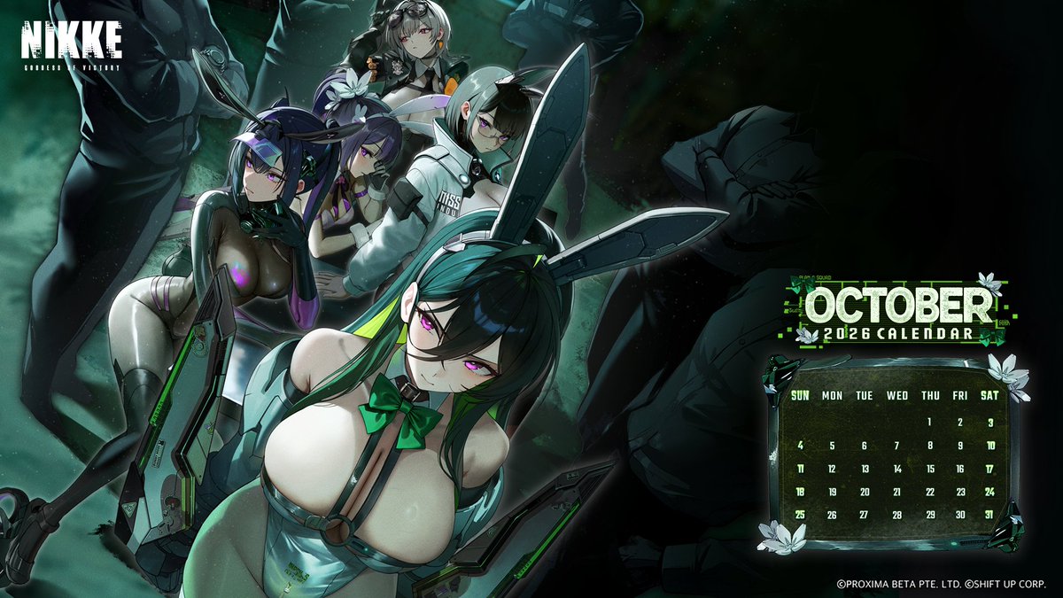NIKKE_en's tweet photo. 【NIKKE Calendar】

October calendar is here! 

Spend October with the Bunny Girls! 

With so many pairs of eyes watching you... 
Looks like sneaking away won't be so easy~ 👀

Save a copy of this free gift prepared by NIKKE now! 🎁

#NIKKE https://t.co/SZYCiTom8R
