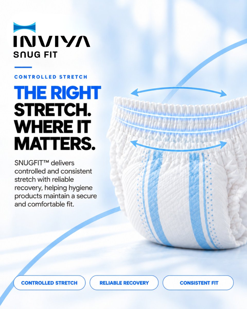 inviyaindorama's tweet photo. Reliable stretch. Everyday care.
Introducing SNUGFIT™ by INVIYA®: hygiene-grade spandex for controlled stretch, reliable recovery and smooth processing.
Built for baby, adult & pet diapers and medical use. 310–1840 DTEX in Raw White & Blue.
#INVIYA #SNUGFIT #HygieneInnovation https://t.co/R7HNHpCiXH
